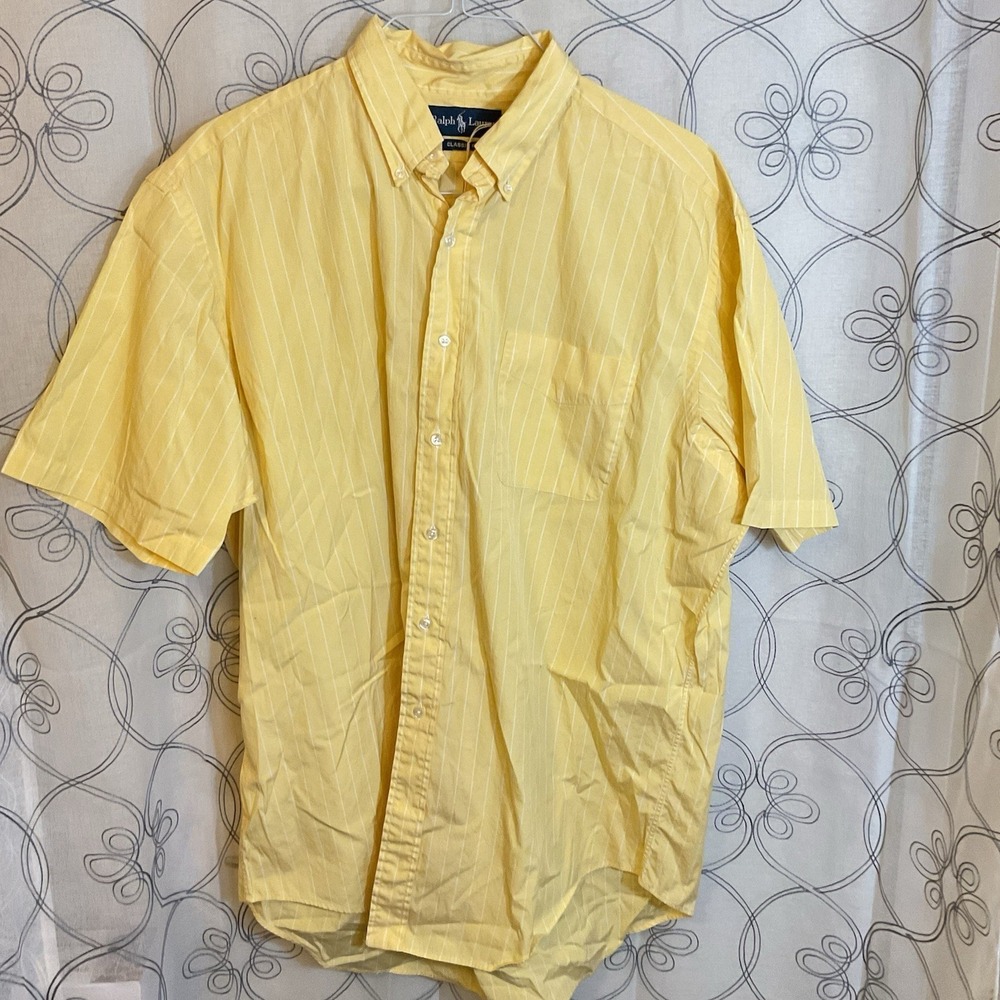 Men's Ralph Lauren Yellow White Stripe Button Up Short Sleeve Size XL